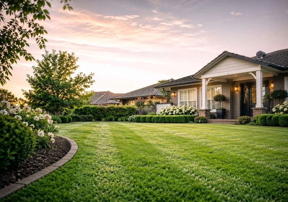 Landscaped front garden with lawn, hedges and a timber deck